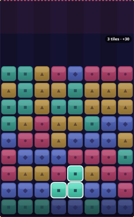 Color Collapse board: stacks of coloured tiles with symbols, rising from the bottom toward a red danger line