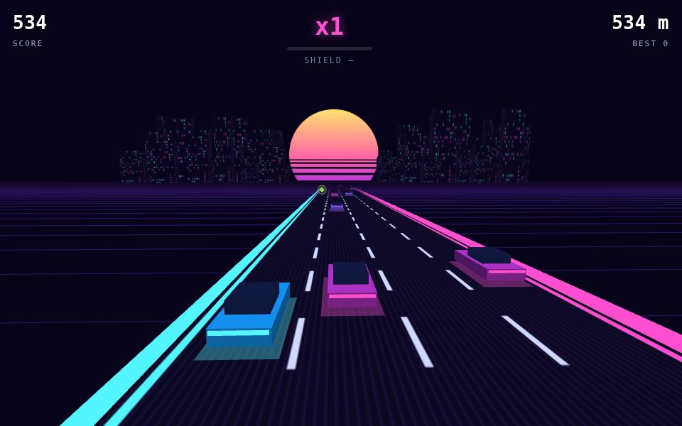Neon Drift gameplay: a cyan car weaving through magenta traffic on a neon highway toward a striped sunset